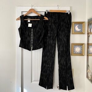 NWT bebe Black Metallic Vest+Boot-Cut Pants Set Coachella Festival Concert Sz S